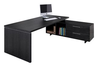 Bureau Manager FLORA - avec console retour réversible - L195 x P170 cm - pieds panneaux - plateau imitation frêne noir