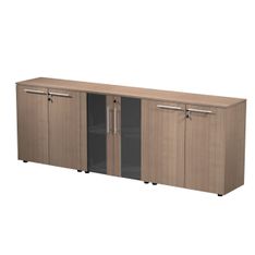 Armoire basse triple Flora - L243xP43xH81,4 cm - 4 portes mélaminés + 2 portes vitrées - 3 étagères - merisier arabis
