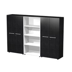 Bibliothèque haute triple Flora - L242,8xP43xH158,2 cm - 4 portes mélaminés - 9 étagères - frêne noir