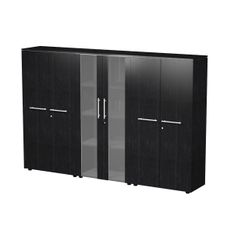 Bibliothèque haute triple Flora - L242,8xP43xH158,2 cm - 4 portes mélaminés + 2 portes vitrées - 9 étagères - frêne noir