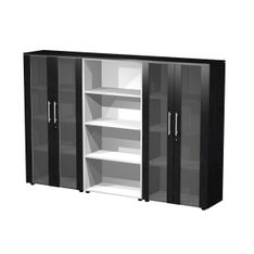 Bibliothèque haute triple Flora - L242,8xP43xH158,2 cm - 4 portes vitrées - 9 étagères - frêne noir