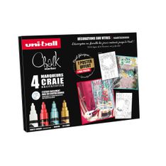 UNI CHALK - Pack de 4 marqueurs craie - pointe moyenne conique - coloris assortis (blanc, rouge, vert, doré)