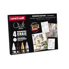 UNI CHALK - Pack de 4 marqueurs craie - pointe moyenne conique - coloris assortis (blanc, noir, doré, argenté)