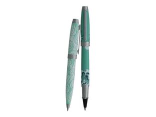 Enzo Varini Mini Taormina Tropea - Parure de stylo à bille et roller - acier blanc et vert motif vague