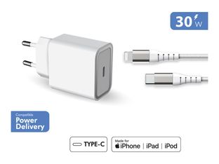 Force Power Lite - Chargeur secteur 100% recyclé + câble1 USB-C vers Lightning -1,2M - blanc