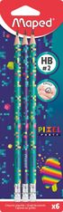Maped Pixel Party - Blister de 6 Crayons graphite recyclés HB (40% de matière recyclée) - embout gomme - coloris assortis