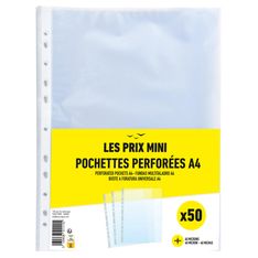 Les Prix Mini - Sachet de 50 pochettes perforées incolores en polypropylène grainé 4/100ème - A4