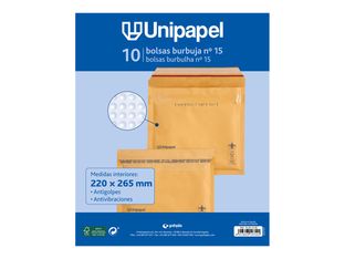 Unipapel - Bolsa burbujas - No. 15 - 220 x 265 mm - cuadrado - extremo abierto - autoadhesivo (Peel & Seal) - plástico de burbujas - paquete de 10