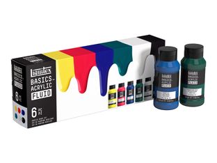 Liquitex Basics Fluid - Ensemble de peinture - 6 parties - peinture acrylique - 6 couleurs - jaune primaire, rouge primaire, bleu primaire, vert phtalo, blanc titane, Noir mars - satin - 118 ml