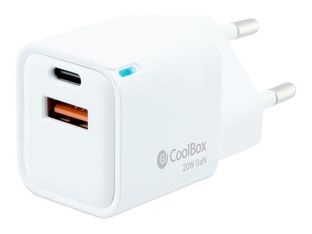 CoolBox - Adaptador de corriente - tecnología GaN - 20 vatios - 3 A - Quick Charge 3.0, PD - 2 conectores de salida (24 pin USB-C, USB)