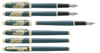 Plume ENZO VARINI "Taormina XL Océan" Bleu, motif Corail et attributs dorés