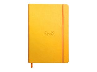 RHODIA Rhodiarama - Cahier de notes - A5 (148 x 210 mm) - 96 feuilles / 192 pages - papier ivoire - uni - couverture jaune jonquille avec fermeture orange - similicuir