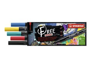 STABILO FREE T100 Royal - 5 Marqueurs- permanent - noir, rouge, jaune, bleu foncé, vert turquoise - opaque - encre acrylique à base d'eau - 1-2 mm - fin