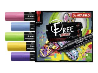 STABILO FREE T800C Seaside - 5 Marqueurs - permanent - rose, bleu cobalt, vert clair, jaune, pourpre - opaque - encre acrylique à base d'eau - 4-10 mm - large