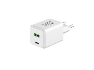 JAYM - Adaptateur secteur - compact, fast, GaN, GRS certified - 30 Watt - 3 A - PD/PPS, Quick Charge - 2 connecteurs de sortie (24 pin USB-C, USB type A) - blanc - Europe