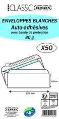 50 Pochettes Enveloppes - 220 x 110 mm - 80 gr - sans fenêtre - blanc - bande adhésive