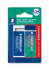 STAEDTLER Mars® plastic 526 50 - Blister 2 gommes blanche et couleur bleu/vert sans latex 65 x 23 x 13 mm - Edition Anniversaire