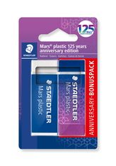 STAEDTLER Mars® plastic 526 50 - Blister 2 gommes blanche et couleur bleu/lilas sans latex 65 x 23 x 13 mm - Edition Anniversaire