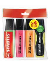3 Surligneur fluos STABILO BOSS ORIGINAL + 1 STABILO GREEN BOSS jaune