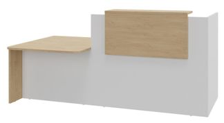 Banque d'accueil OLA - Ensemble composé d'un module haut + un module PMR et d'une tablette chêne clair - L242,5 cm - blanc perle et chêne clair