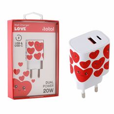 Adaptateur USB iTotal : Chargeur mural 20W avec cœur - USB-C & USB-A