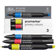 WINSOR & NEWTON - ProMarker couleurs primaire - marqueur double pointe - jaune rouge vrai bleu - encre à base de colorant d'alcool - large / petit