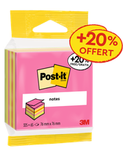  Post-it® - Cube de Notes - 76 mm x 76 mm - 390 dont 65 Feuilles Offertes - 100% PEFC - couleurs assorties