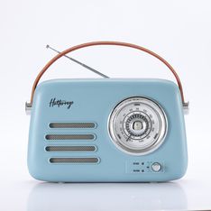 Halterrego - Radio vintage - Bluetooth, Radio FM, lecteur USB, Aux In Aux IN - Batterie rechargeable - bleu ciel