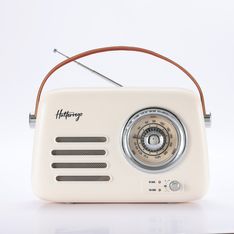 Halterrego - Radio vintage - Bluetooth, Radio FM, lecteur USB, Aux In Aux IN - Batterie rechargeable - blanc cassé