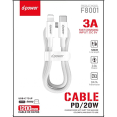 D-Power - Câble type C vers lightning 3A - nylon tressé - 1,2 m - blanc