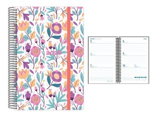 Senfort Decorada - Agenda - 2026 - vista de la semana - encuadernado espiral - 135 x 210 mm - purple flowers - polipropileno (PP)