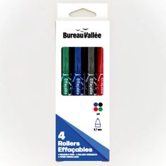 Bureau Vallée - 4 rollers effaçables thermosensibles - Pointe 0,7 mm - Assortiment de 4 couleurs