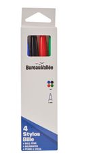 Bureau Vallée – 4 stylos bille assortis – Pointe moyenne 1 mm – Bleu, noir, vert, rouge