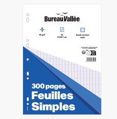 Bureau Vallée - Feuilles Simples- 300 pages - A4 - Grands carreaux - Perforées