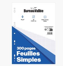 Bureau Vallée - Feuilles Simples - 300 pages - A4 - Petits carreaux - Perforées