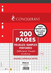 Conquérant - Feuilles Simples pour déficients visuels - 200 pages - A4 - Grands Carreaux (Seyès 2,5mm)