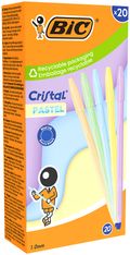 BIC - Boîte 20 Stylos Bille - Cristal - Corps Pastel Assortis - Encre Bleue - 1 mm