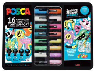POSCA - Mallette de 16 Marqueurs - Teinte Kawaii - Poster A3 Inclus - Création à Colorier - Carte A5 Artiste et 4 Stickers