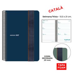 Agenda anual Senfort 2027 semana vista con espiral y tapa foam con goma ancha azul – 13,5 x 21 cm – en catalán