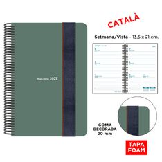 Agenda anual Senfort 2027 semana vista con espiral y tapa foam con goma ancha verde – 13,5 x 21 cm – en catalán