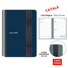 Agenda anual Senfort 2027 día por página con espiral y tapa foam con goma ancha azul – 13,5 x 21 cm – en catalán