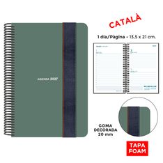 Agenda anual Senfort 2027 día por página con espiral y tapa foam con goma ancha verde – 13,5 x 21 cm – en catalán