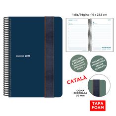 Agenda anual Senfort 2027 día por página con espiral y tapa foam con goma ancha azul – 16 x 23,5 cm – en catalán