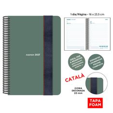 Agenda anual Senfort 2027 día por página con espiral y tapa foam con goma ancha verde – 16 x 23,5 cm – en catalán