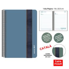 Agenda anual Senfort 2027 día por página con espiral y tapa foam con goma ancha azul plomo – 16 x 23,5 cm – en catalán