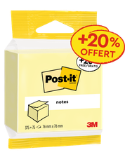 Post-it® Cube de Notes 76x76 mm – Jaune Canari – 450 dont 75 Feuilles Offertes – Papier 100% PEFC