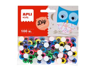 APLI kids Diy - Jeu d'adhésifs de décoration - 100 pièces - yeux mobiles - 10 mm diameter - jaune, bleu, Fuchsia, rouge, vert - permanent