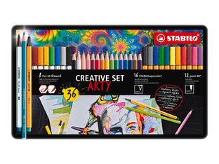 STABILO ARTY Creative Set - Assortiment de 36 : pen 68, aquacolor et point 88 - couleurs assorties