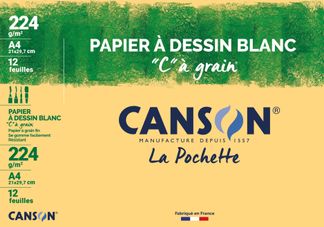 Canson C à grain - Pochette papier à dessin - 12 feuilles - A4 - 224 gr - blanc