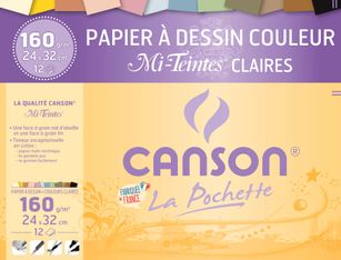 Canson - Pochette papier à dessin couleur - 12 feuilles - 24 x 32 cm - 160 gr - mi-teintes claires